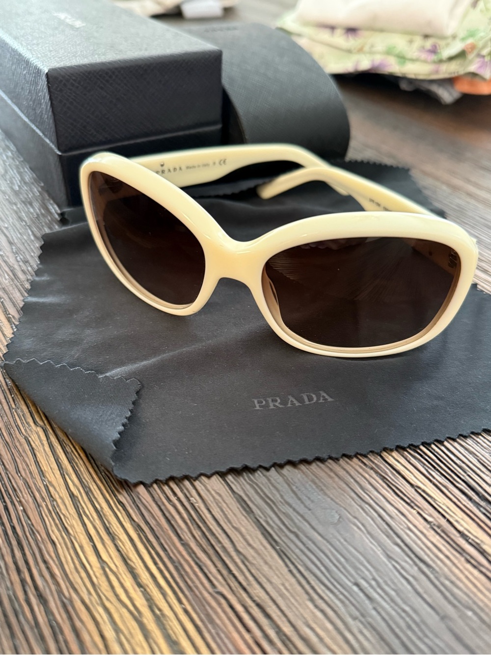 Prada Ivory Oversized Cat-Eye Sunglasses with Brown Lenses
